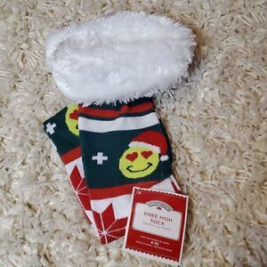HOLIDAY TIME Emoji Knee High Holiday Socks with Fuzzy Trim